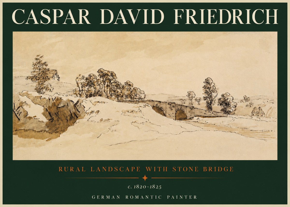Caspar David Friedrich Rural Landscape with Stone Bridge No2 - Póster