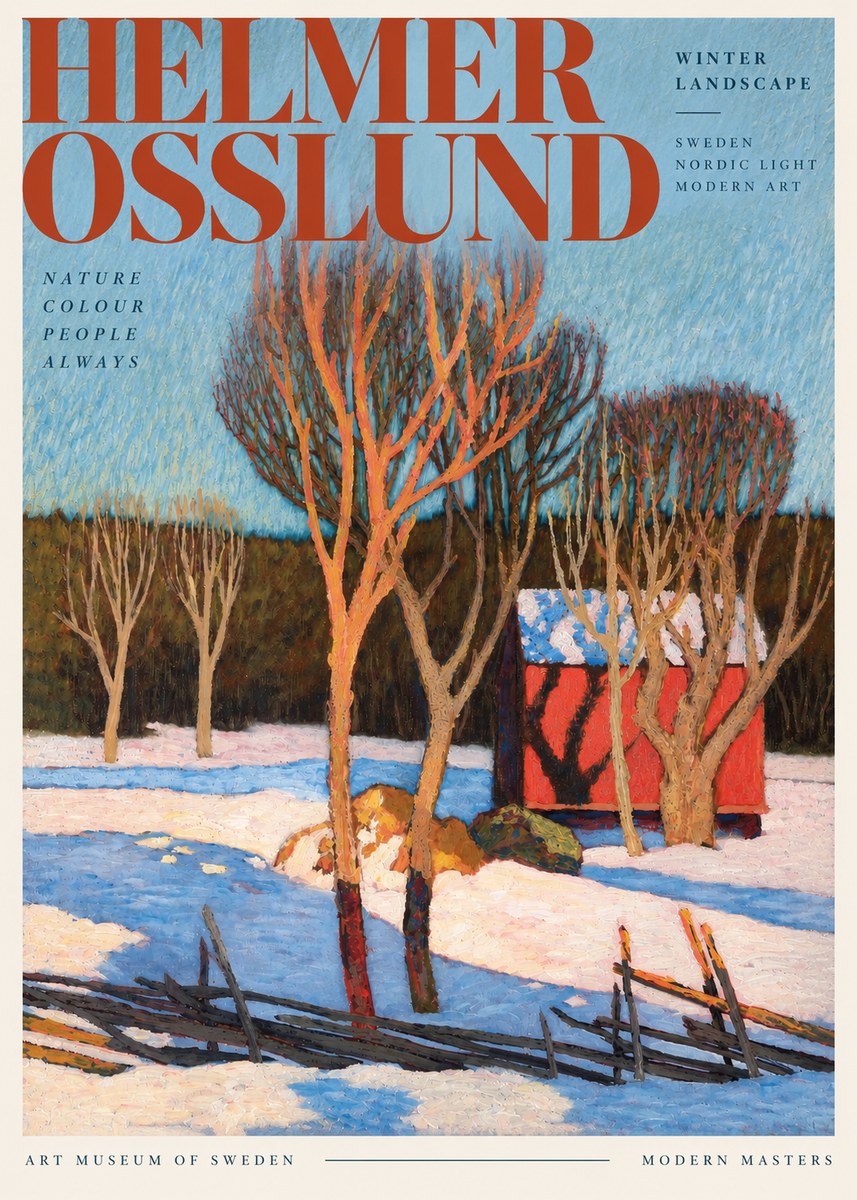 Helmer Osslund Winter Landscape with Red Barn No3 - Póster