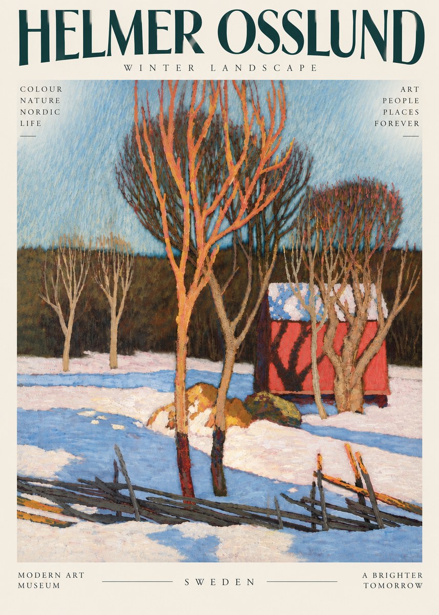 Helmer Osslund Winter Landscape with Red Barn No6 - Póster