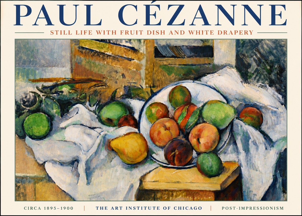 Paul Cézanne Still Life with Fruit Dish and White Drapery No6 - Póster