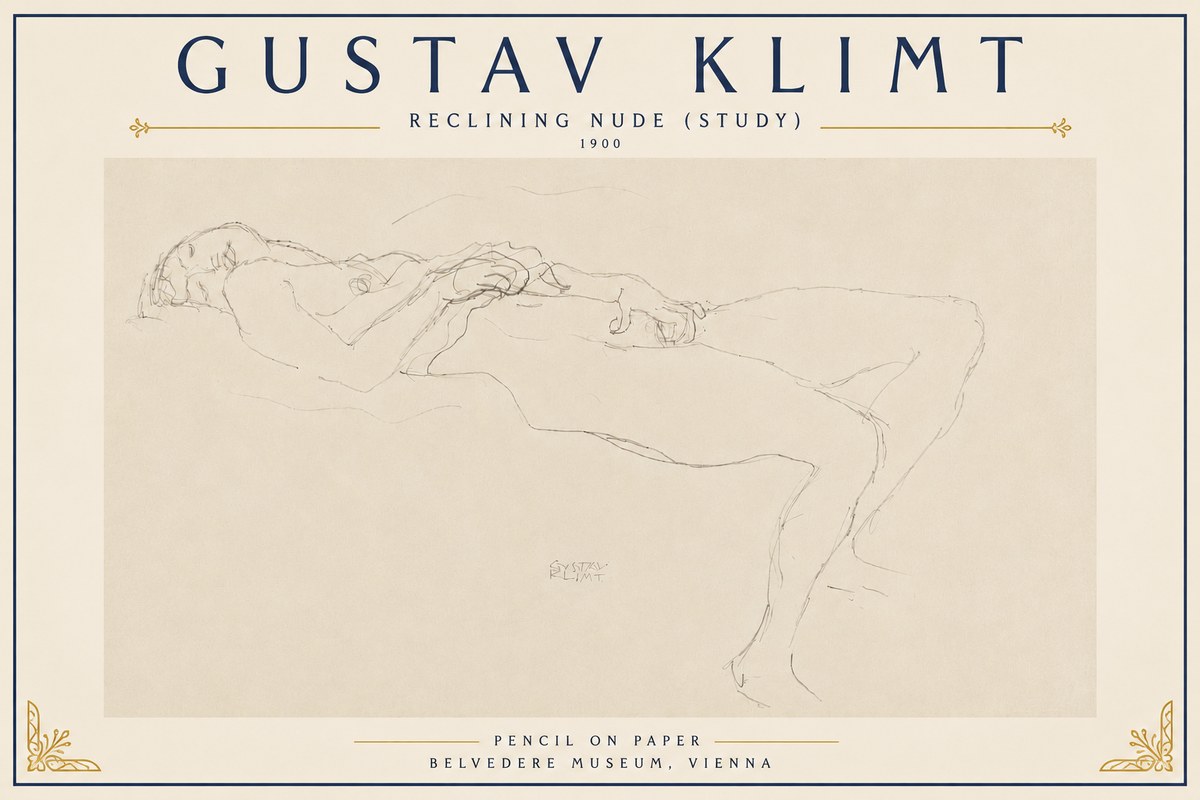 Klimt Reclining Nude (Study) No6 - Póster