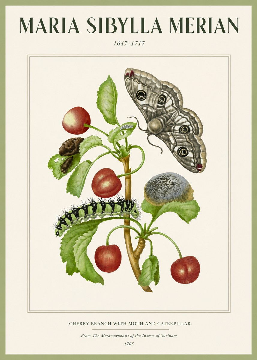 Maria Sibylla Merian Cherry Branch with Moth and Caterpillar No2 - Póster