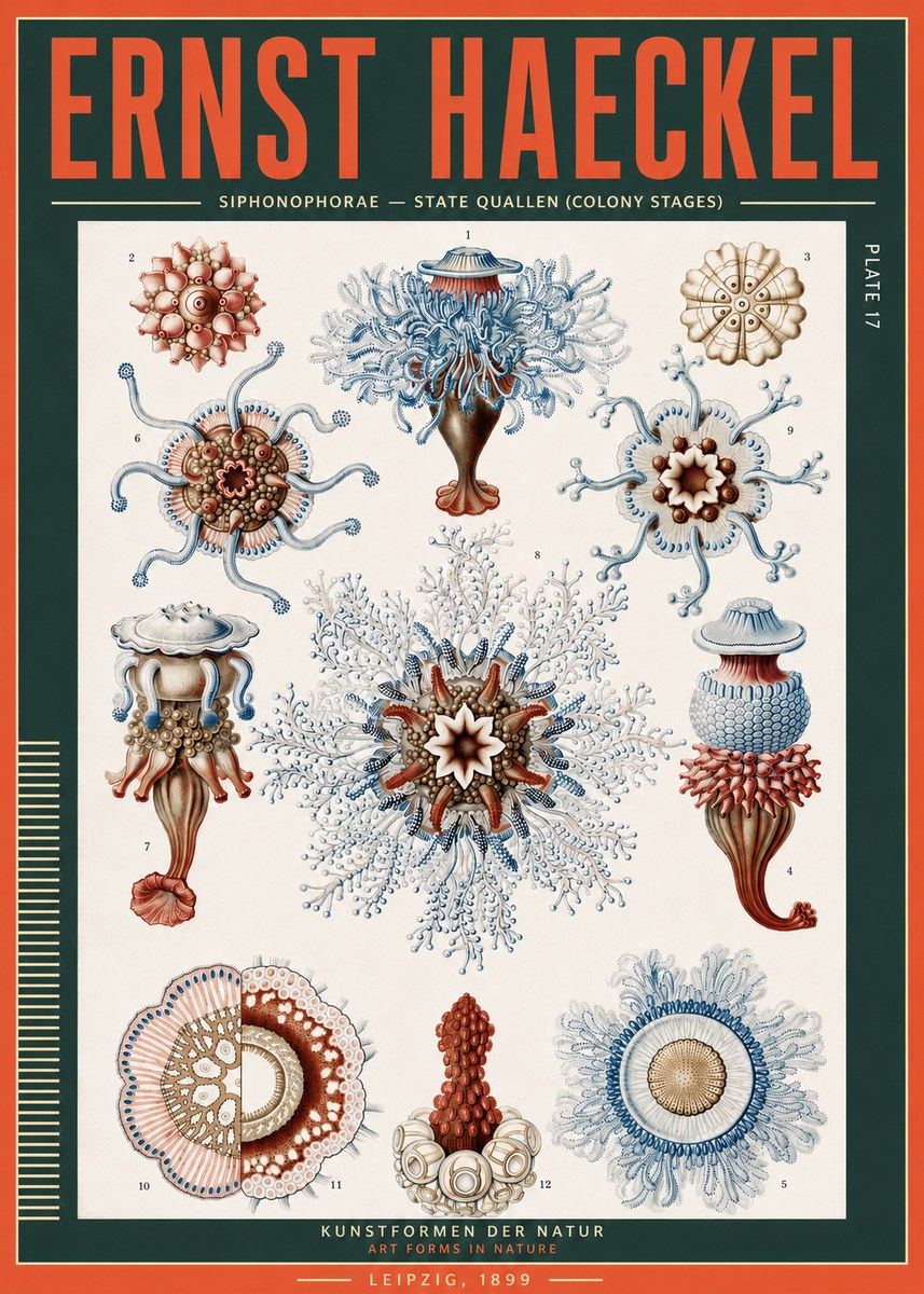 Ernst Haeckel Siphonophorae - State Quallen (Colony Stages) No3 - Póster