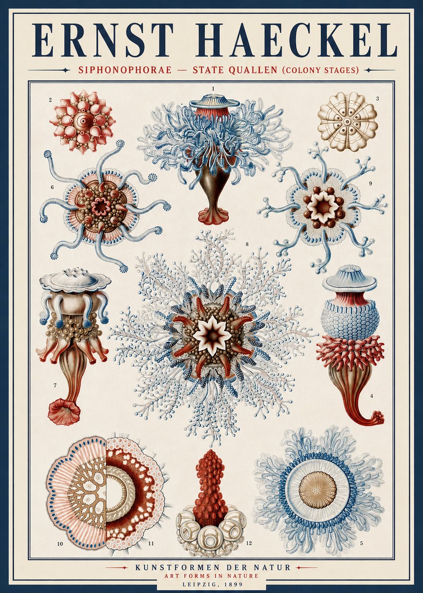 Ernst Haeckel Siphonophorae - State Quallen (Colony Stages) No4 - Póster
