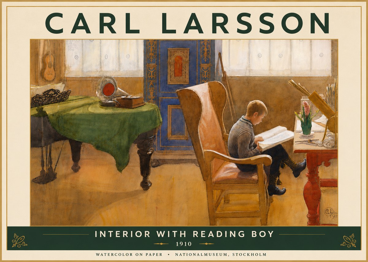 Carl Larsson Interior with Reading Boy No6 - Póster
