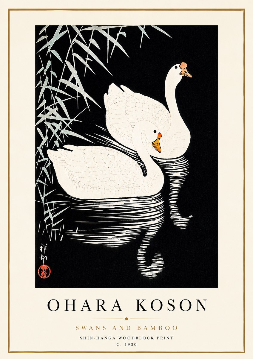 Ohara Koson Swans and Bamboo No5 - Póster