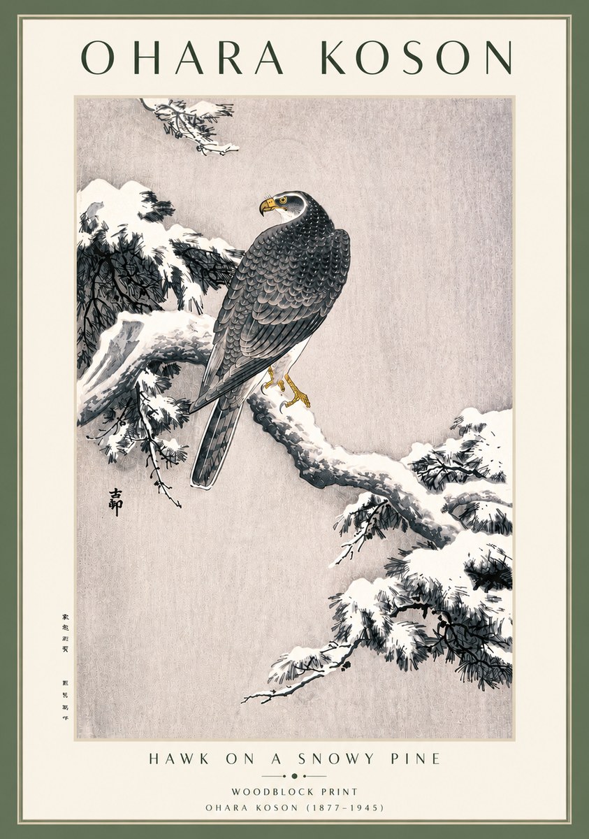 Ohara Koson Hawk on a Snowy Pine No3 - Póster