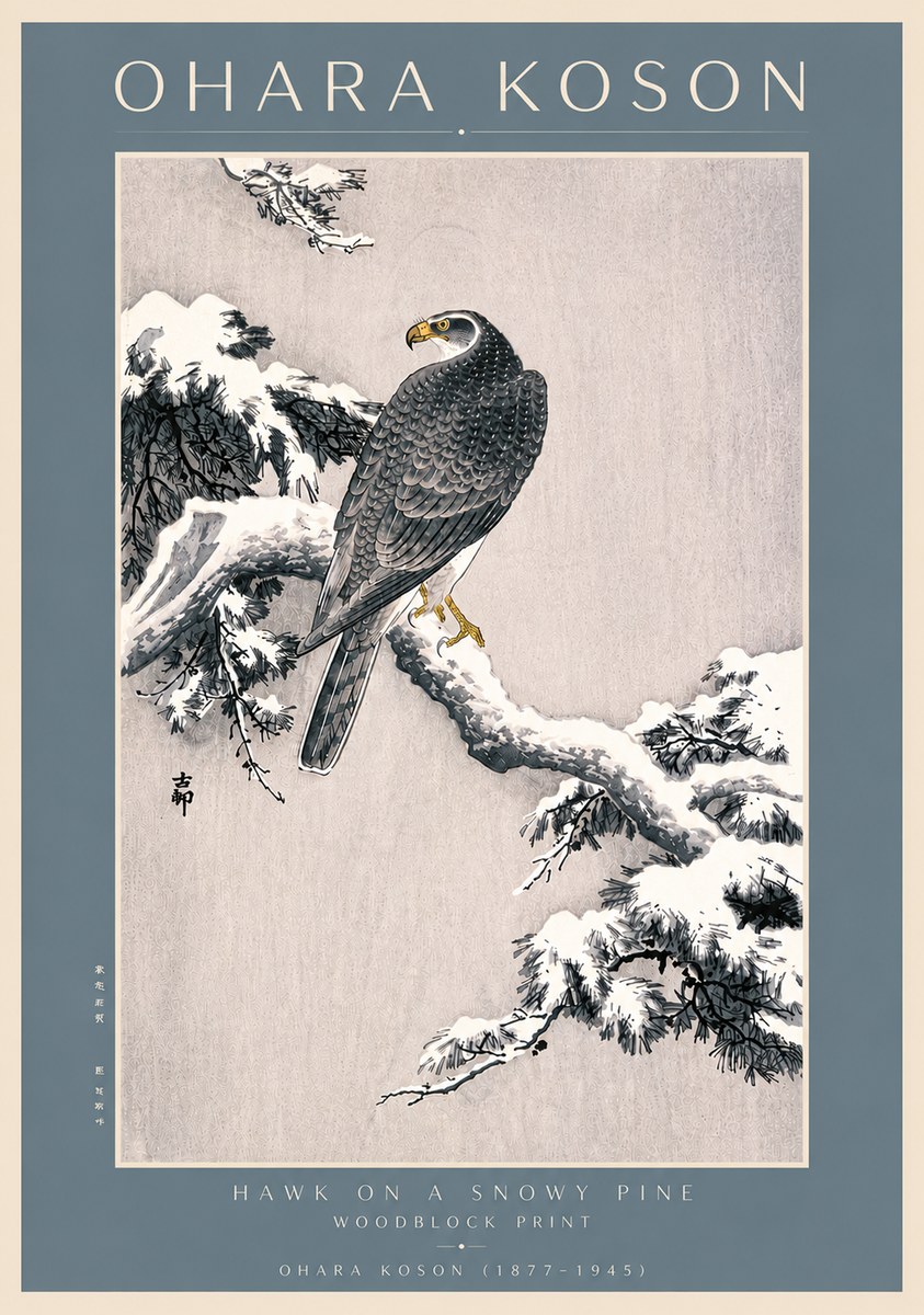Ohara Koson Hawk on a Snowy Pine No4 - Póster