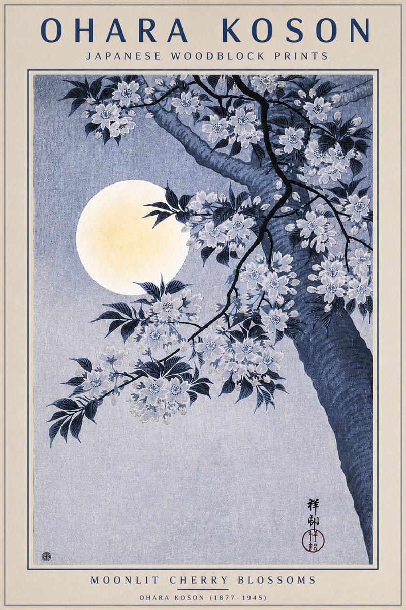Ohara Koson Moonlit Cherry Blossoms No4 - Póster