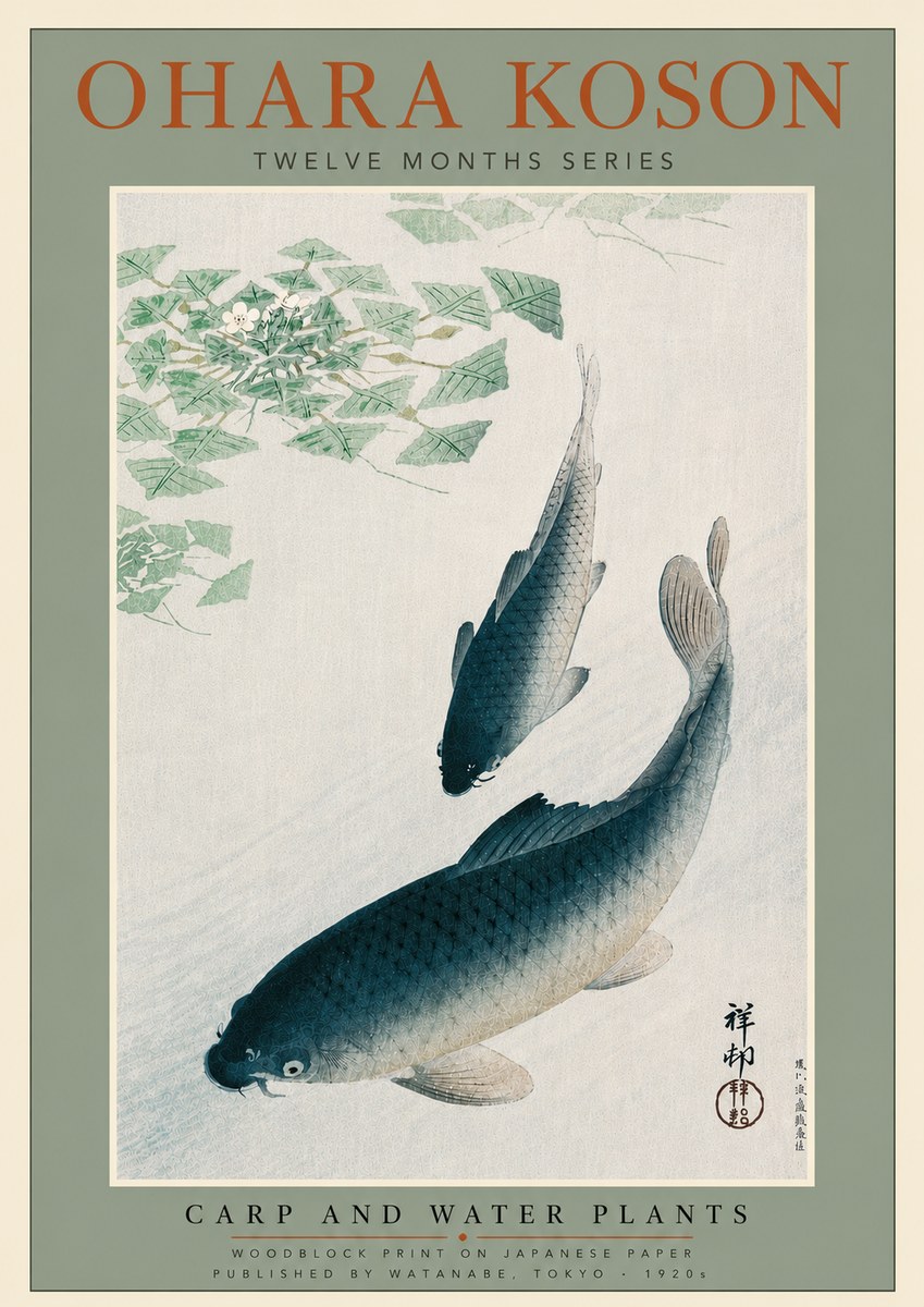 Ohara Koson Carp and Water Plants No5 - Póster