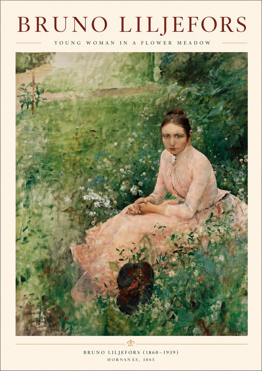 Bruno Liljefors Young Woman in a Flower Meadow No3 - Póster