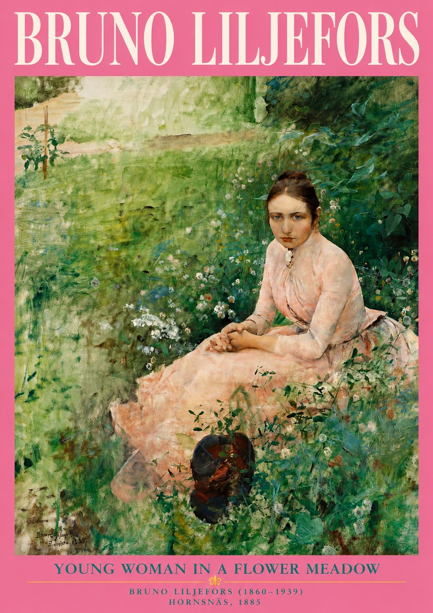 Bruno Liljefors Young Woman in a Flower Meadow No4 - Póster