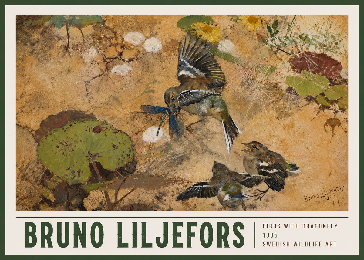 Bruno Liljefors Birds with Dragonfly No5 - Póster