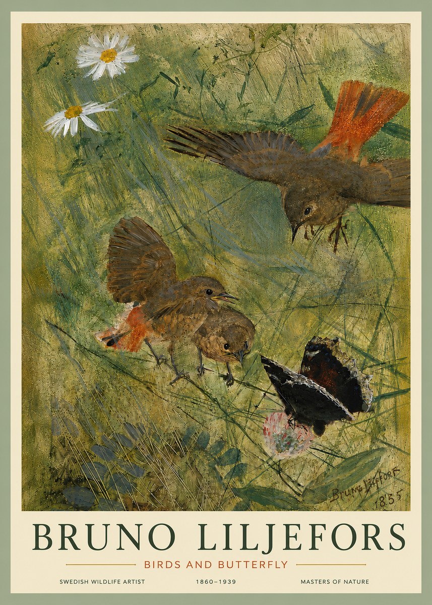 Bruno Liljefors Birds and Butterfly No5 - Póster