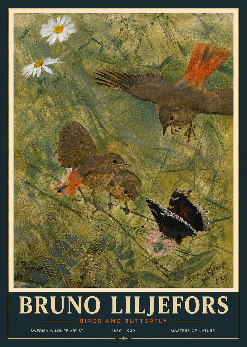 Bruno Liljefors Birds and Butterfly No6 - Póster