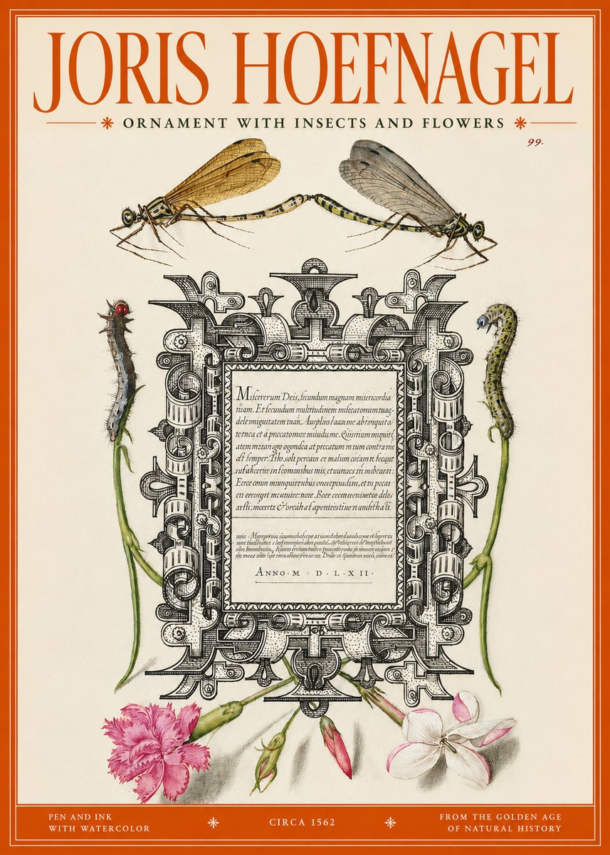 Joris Hoefnagel Ornamental Frame with Damselflies, Caterpillars and Flowers No3 - Póster