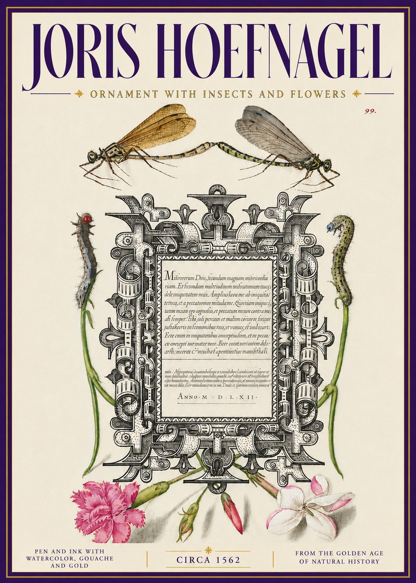 Joris Hoefnagel Ornamental Frame with Damselflies, Caterpillars and Flowers No6 - Póster
