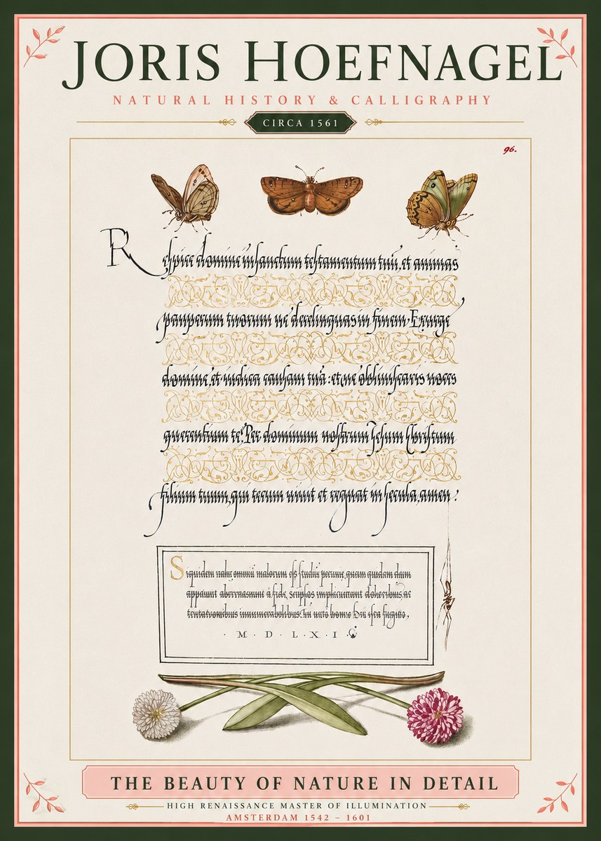 Joris Hoefnagel Butterflies, Flowers and Calligraphy Page No4 - Póster