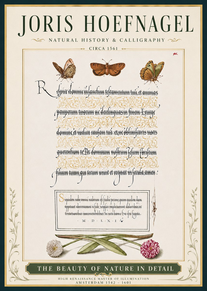 Joris Hoefnagel Butterflies, Flowers and Calligraphy Page No5 - Póster