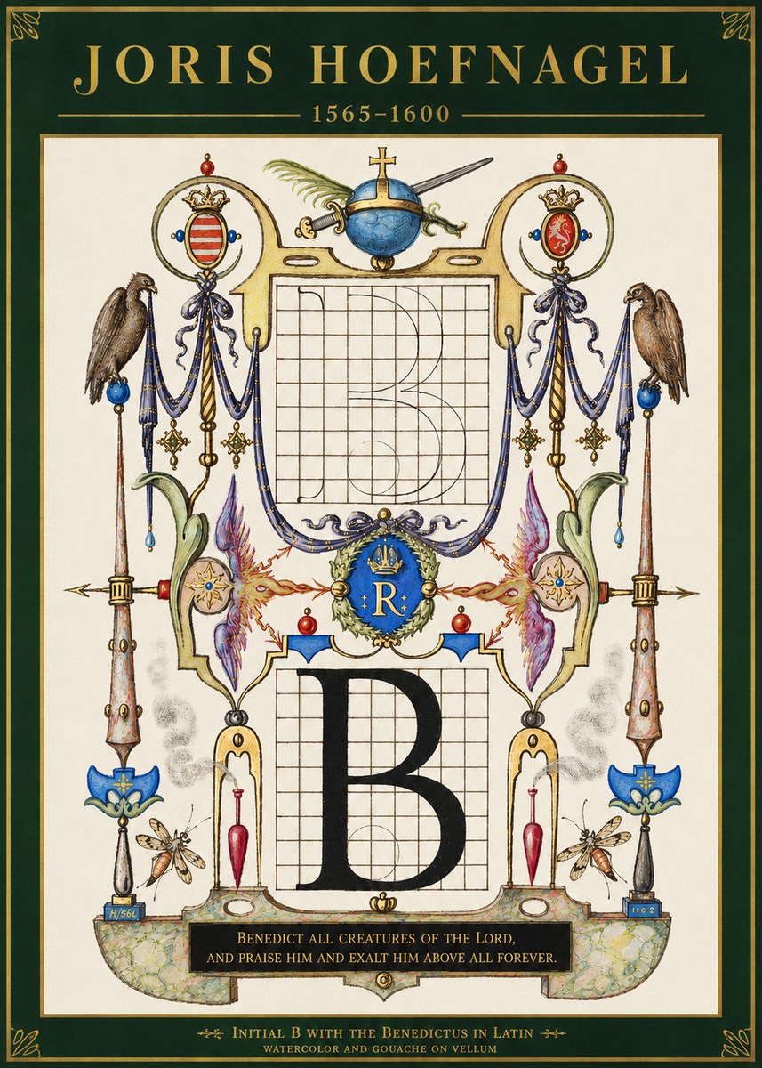 Joris Hoefnagel Initial B with the Benedictus in Latin No3 - Póster
