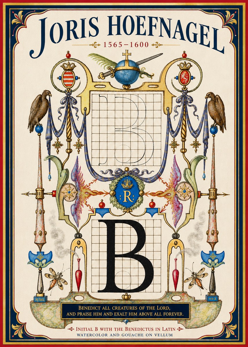 Joris Hoefnagel Initial B with the Benedictus in Latin No4 - Póster