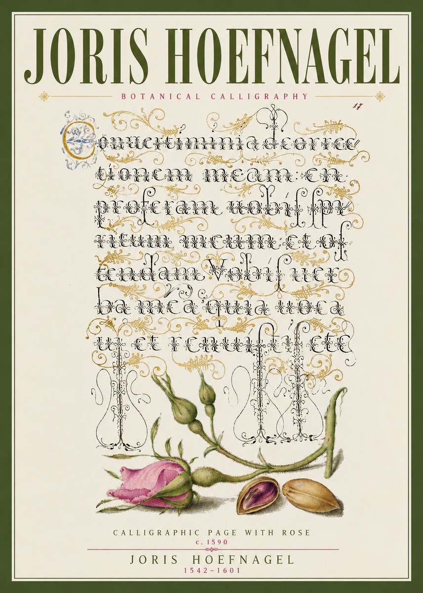 Joris Hoefnagel Calligraphic Page with Rose No3 - Póster
