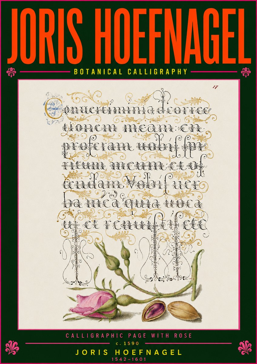 Joris Hoefnagel Calligraphic Page with Rose No5 - Póster