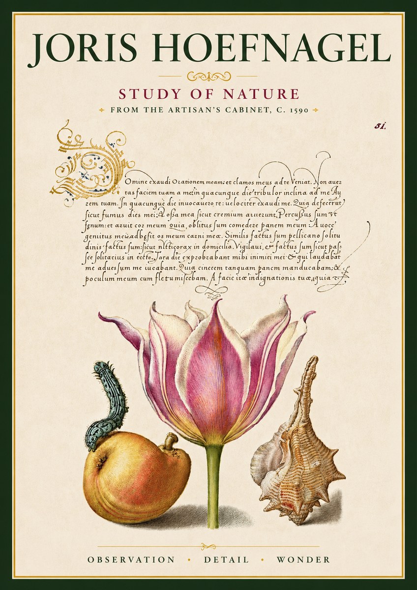 Joris Hoefnagel Tulip, Peach, Caterpillar & Seashell No6 - Póster