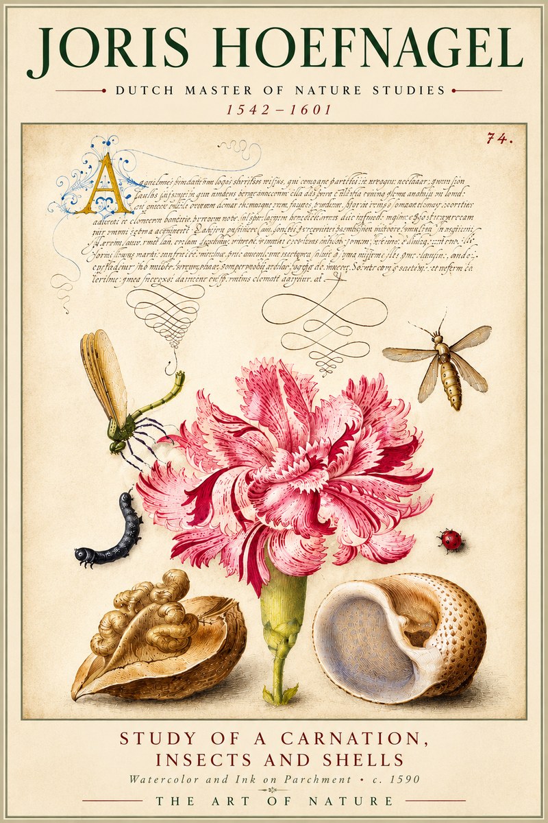 Joris Hoefnagel Study of a Carnation, Insects and Shells No6 - Póster