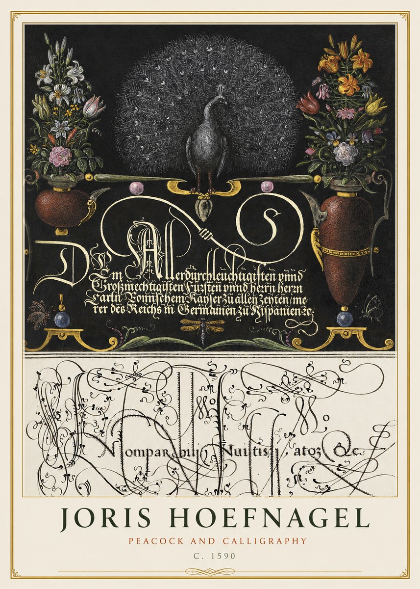 Joris Hoefnagel Peacock and Calligraphy No1 - Póster