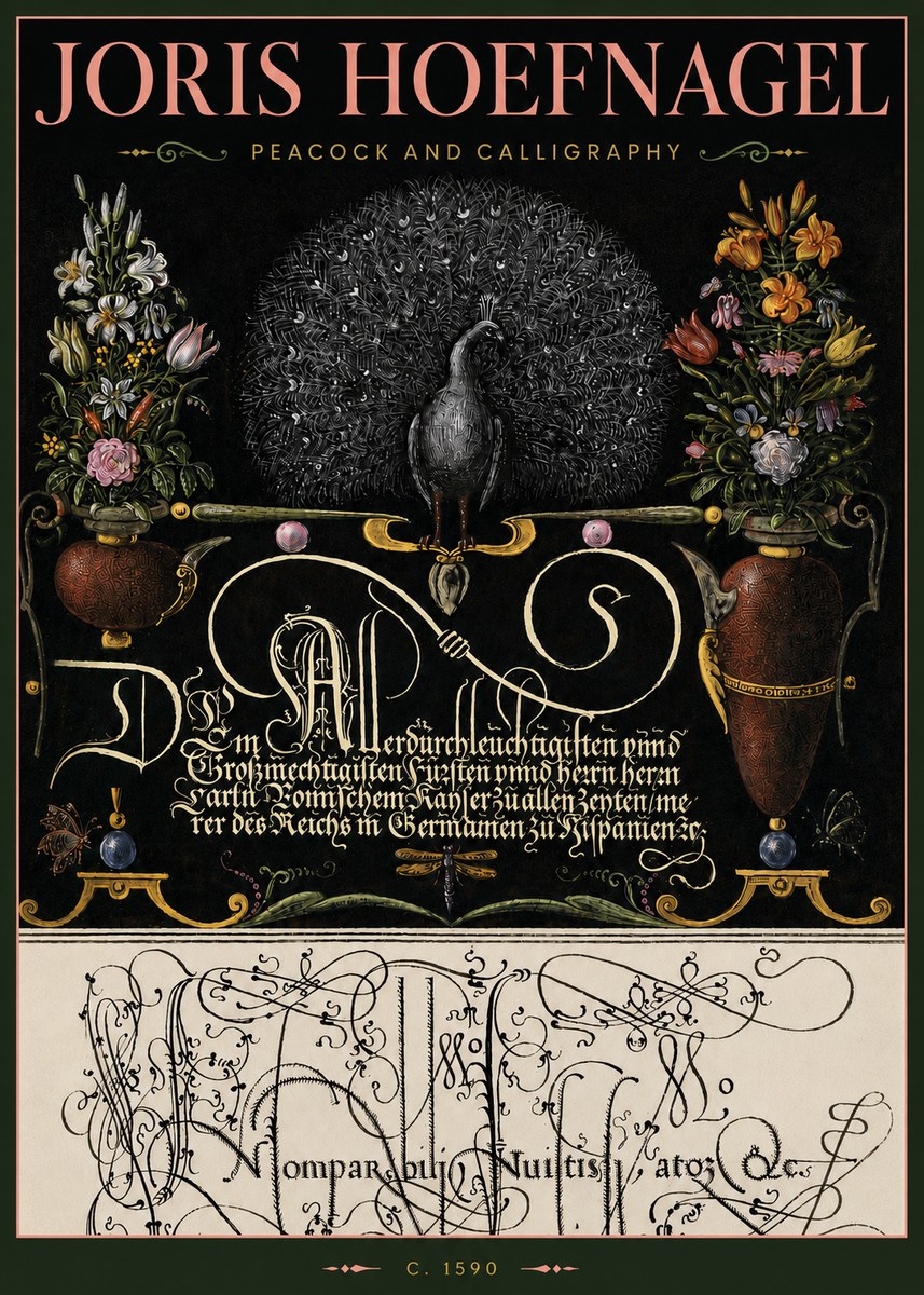 Joris Hoefnagel Peacock and Calligraphy No4 - Póster