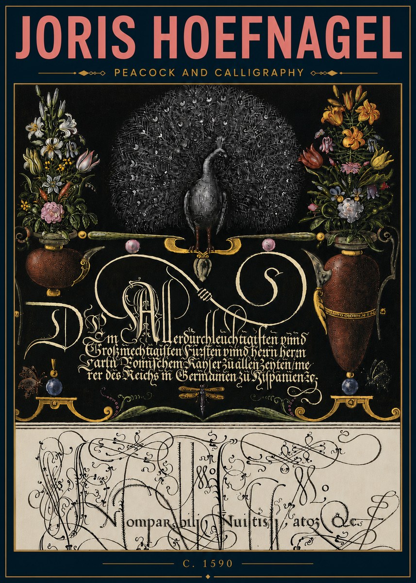 Joris Hoefnagel Peacock and Calligraphy No5 - Póster