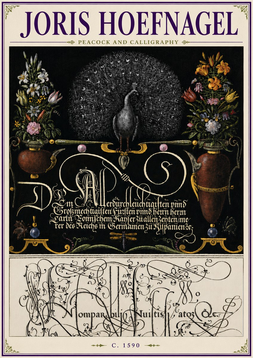 Joris Hoefnagel Peacock and Calligraphy No6 - Póster