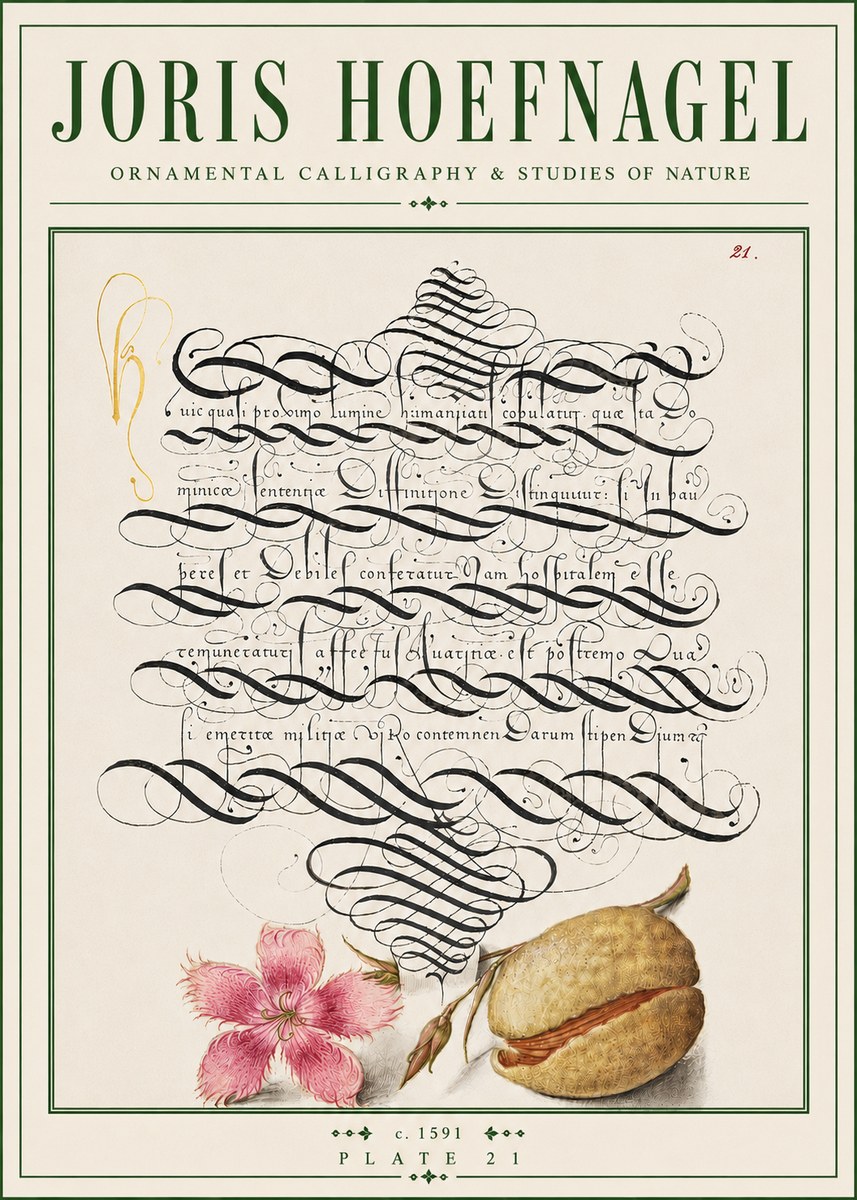 Joris Hoefnagel Ornamental Calligraphy & Studies of Nature No4 - Póster