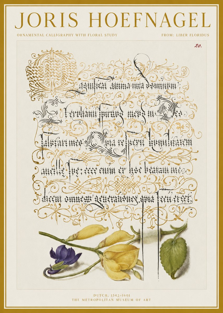 Joris Hoefnagel Ornamental Calligraphy with Floral Study No1 - Póster