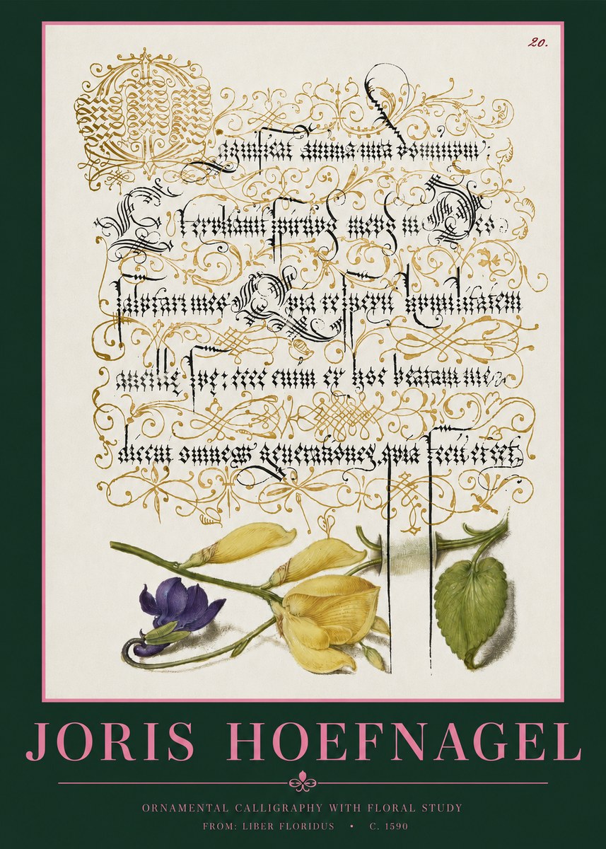 Joris Hoefnagel Ornamental Calligraphy with Floral Study No2 - Póster