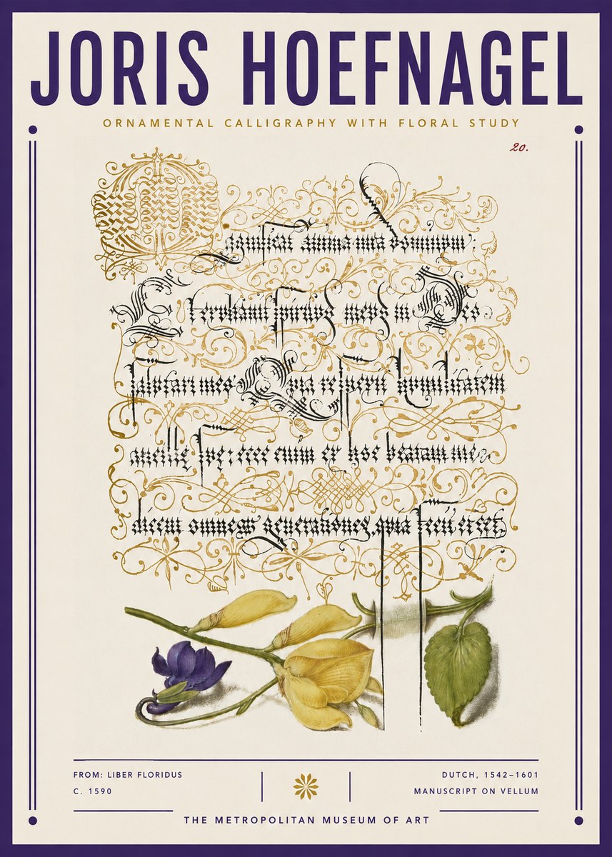 Joris Hoefnagel Ornamental Calligraphy with Floral Study No3 - Póster