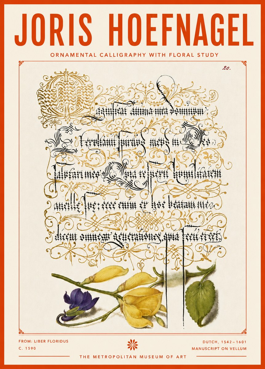 Joris Hoefnagel Ornamental Calligraphy with Floral Study No4 - Póster