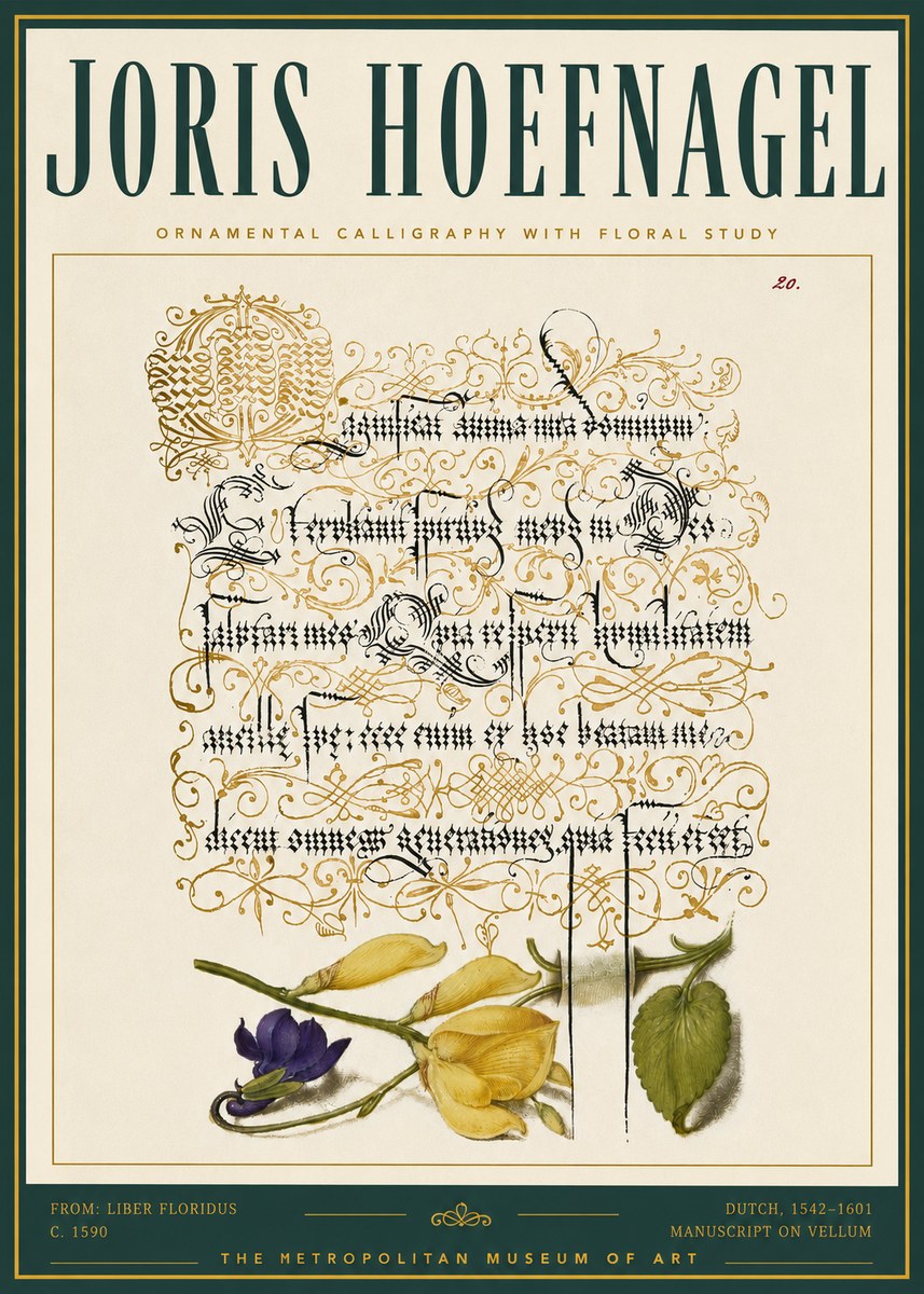 Joris Hoefnagel Ornamental Calligraphy with Floral Study No5 - Póster