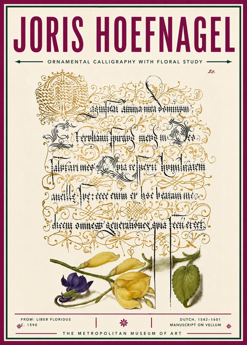 Joris Hoefnagel Ornamental Calligraphy with Floral Study No6 - Póster