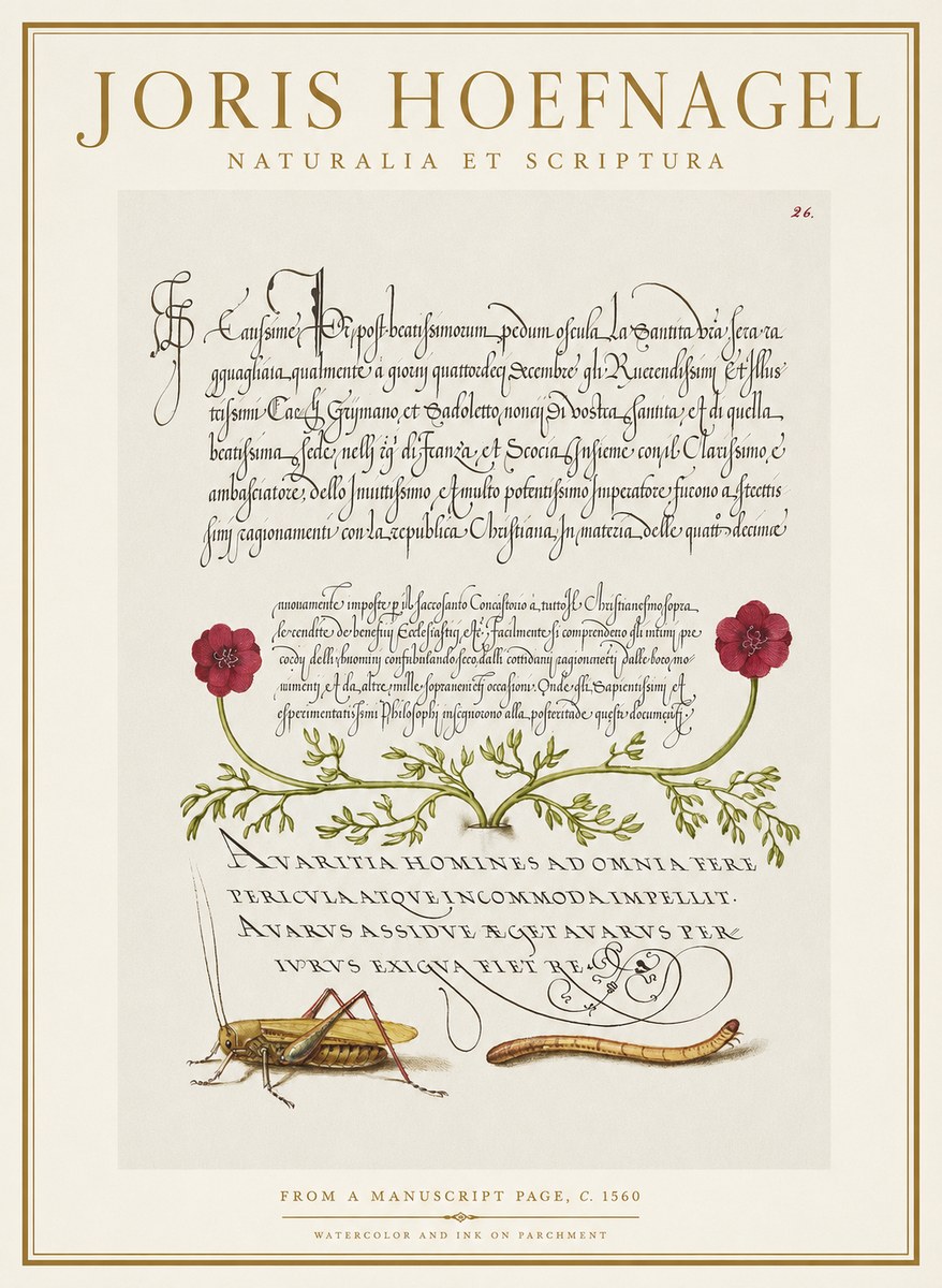 Joris Hoefnagel Illuminated Page with Flowers, Insects & Latin Script No2 - Póster
