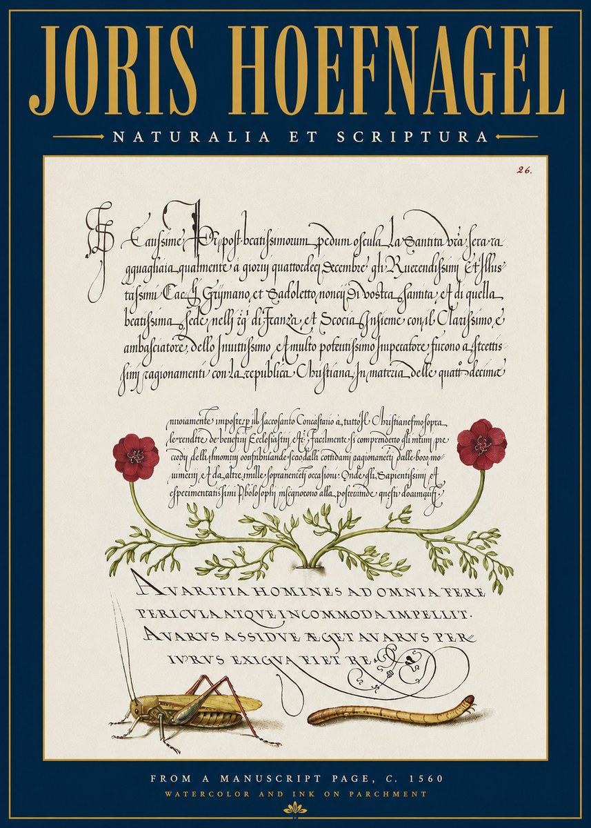 Joris Hoefnagel Illuminated Page with Flowers, Insects & Latin Script No4 - Póster