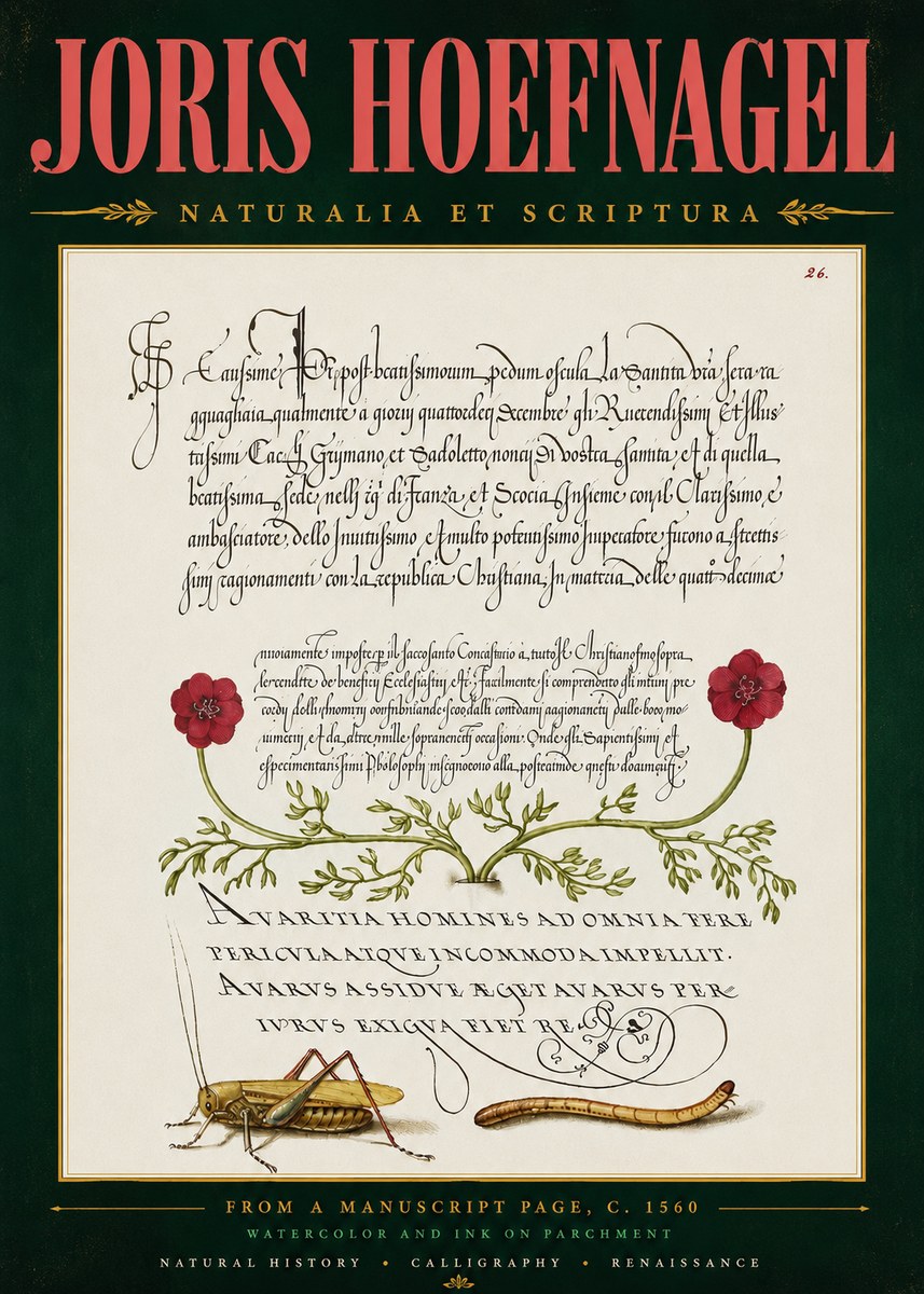 Joris Hoefnagel Illuminated Page with Flowers, Insects & Latin Script No5 - Póster