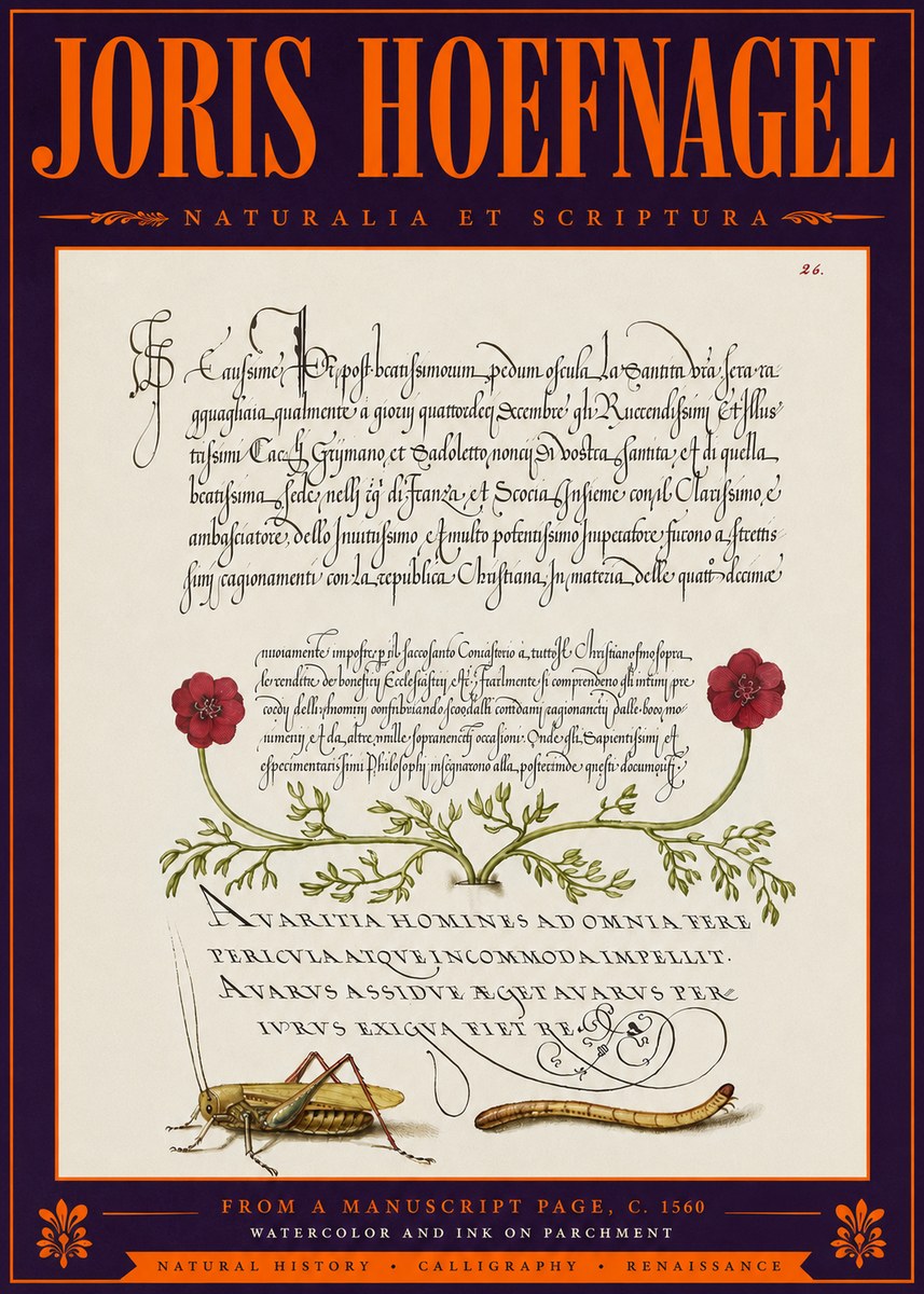Joris Hoefnagel Illuminated Page with Flowers, Insects & Latin Script No6 - Póster