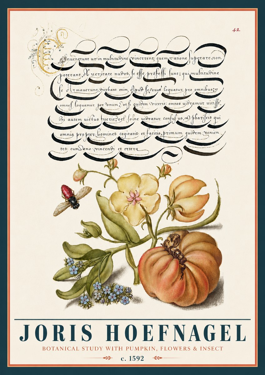 Joris Hoefnagel Botanical Study with Pumpkin, Flowers & Insect No5 - Póster