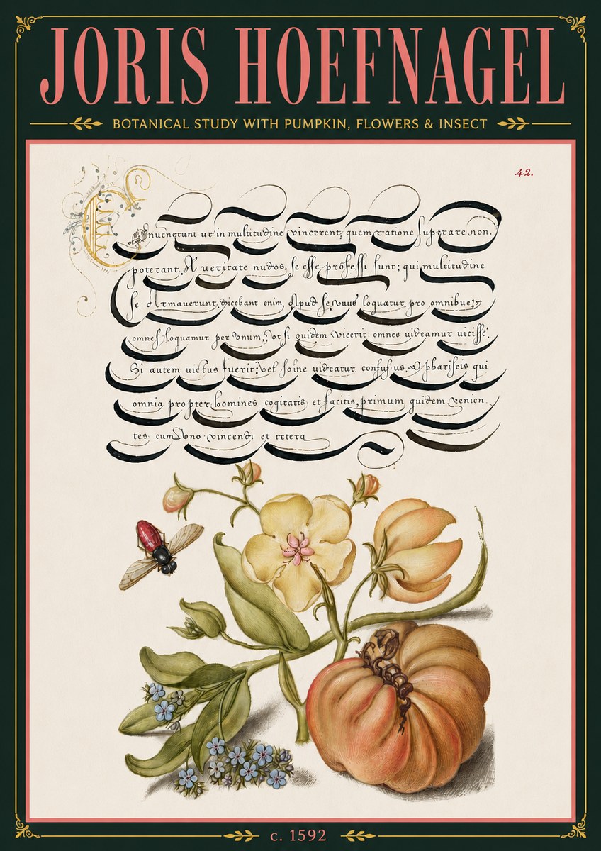 Joris Hoefnagel Botanical Study with Pumpkin, Flowers & Insect No6 - Póster