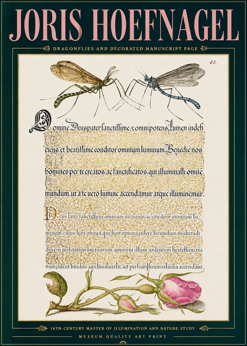 Joris Hoefnagel Dragonflies and Decorated Manuscript Page No5 - Póster