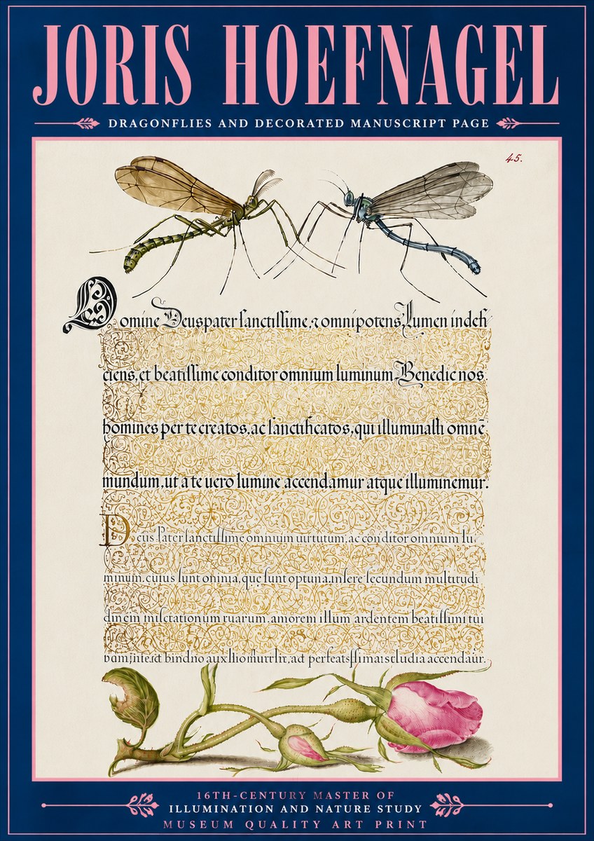 Joris Hoefnagel Dragonflies and Decorated Manuscript Page No6 - Póster