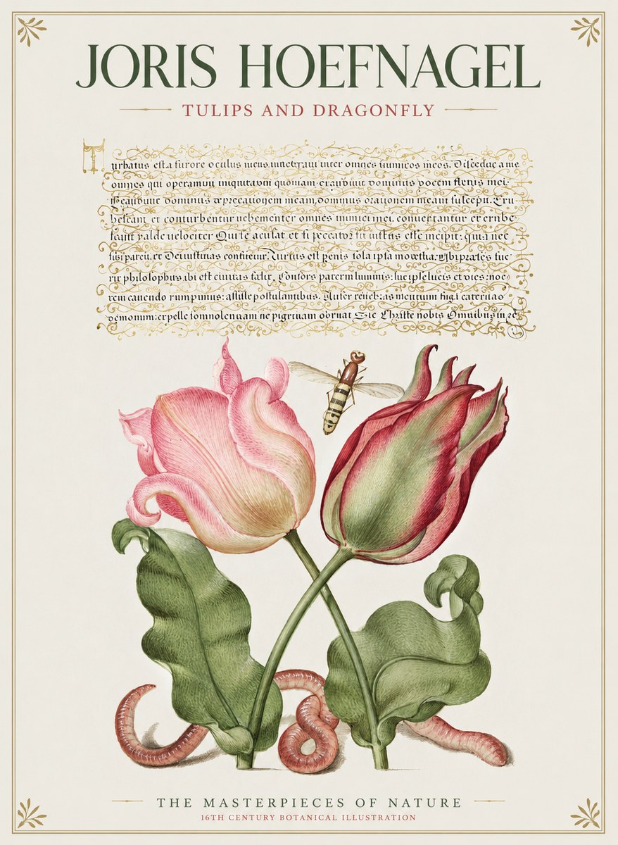 Joris Hoefnagel Two Tulips with Caterpillars and Dragonfly No2 - Póster