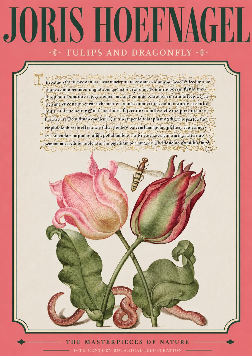 Joris Hoefnagel Two Tulips with Caterpillars and Dragonfly No4 - Póster